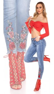 Sexy skinny jeans met bloemen-print borduurwerk & strass steentjes jeansblauw