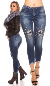 Sexy 7/8 skinny jeans gebruikte used look met studs & skelet jeansblauw