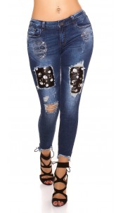 Sexy skinny jeans gebruikte used look met piercings & skelet jeansblauw