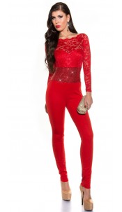 Feest uitgaans-jumpsuit met lange mouwen, kant en pailletten rood