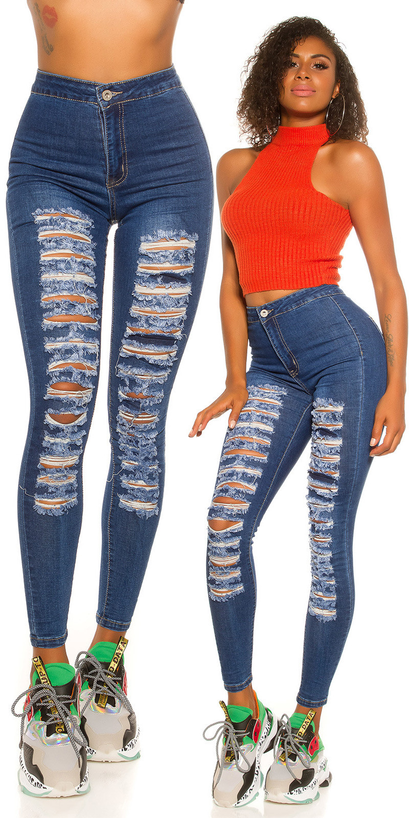 Sexy Skinny Highwaist Jeans Used Look with cracks Jeansblue