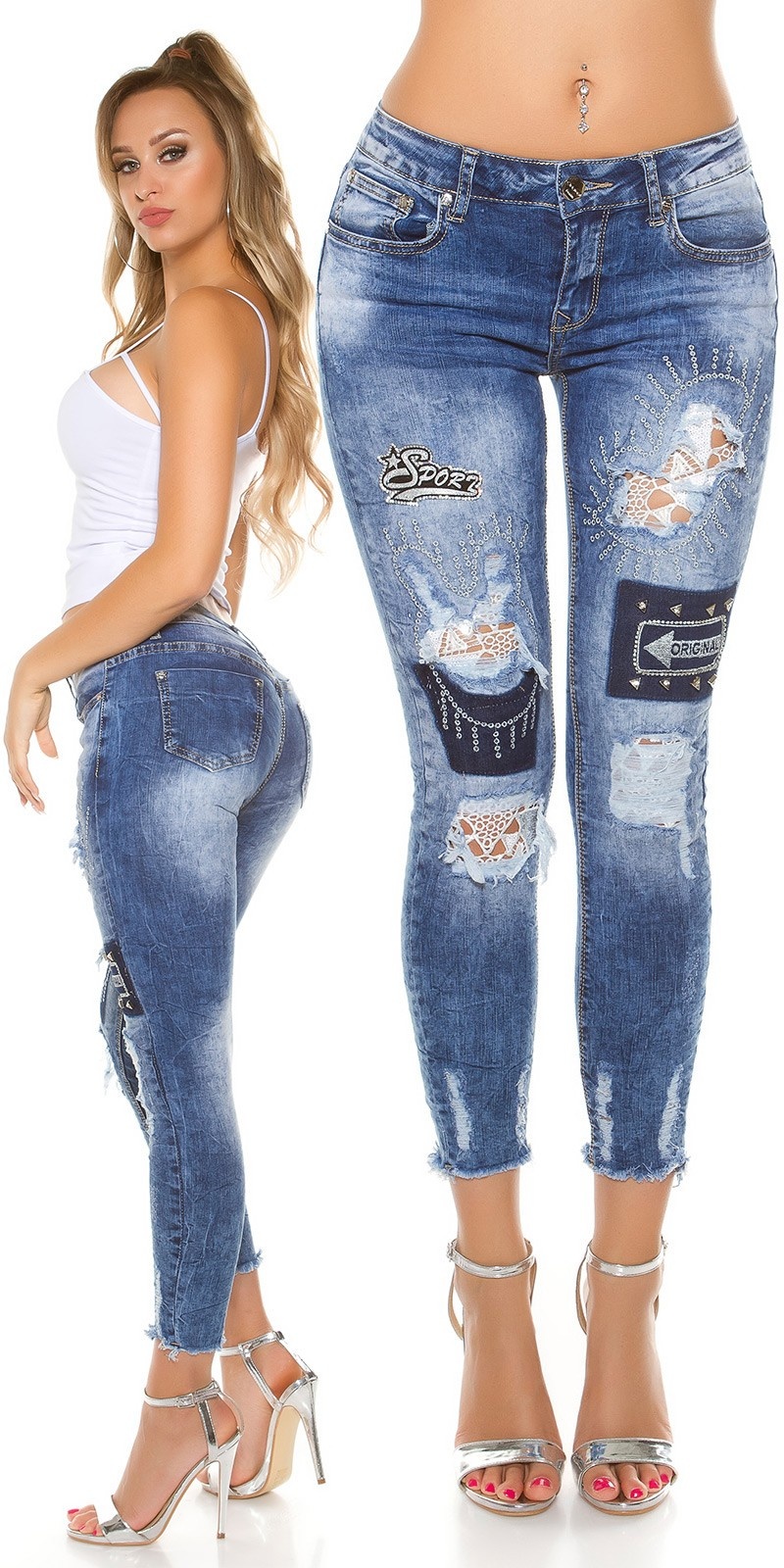 Sexy Jeans Used look with rhinestone and lace Jeansblue