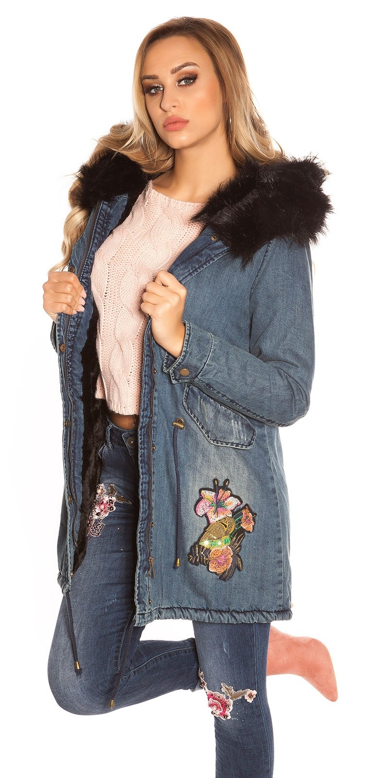 TrendyJeans Parka lined fake fur & embroidery Black