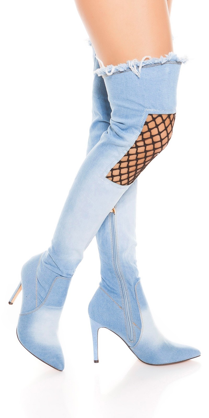 Sexy hoge hak denim-spijkerstof overknee laarzen met net decoratie lichtblauw