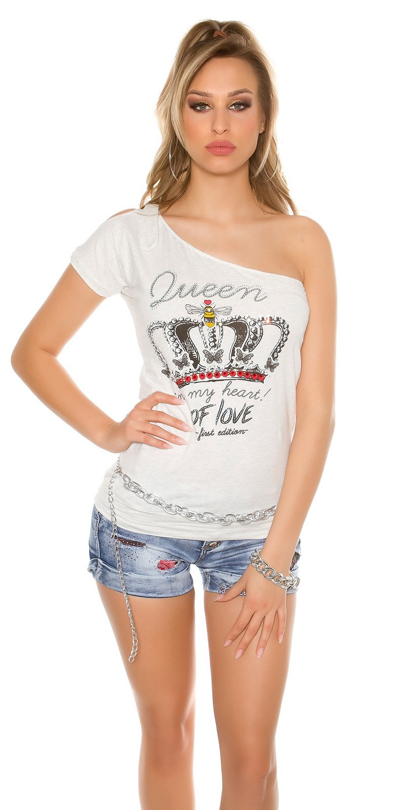 Sexy One shoulder shirt with glitter and print Grey