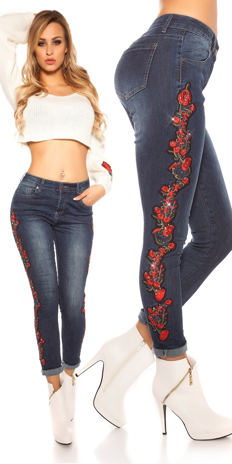Sexy skinny jeans met bloemen borduurwerk jeansblauw