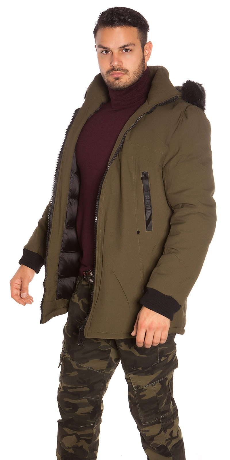 Trendy men s winter jacket with fake fur Khaki