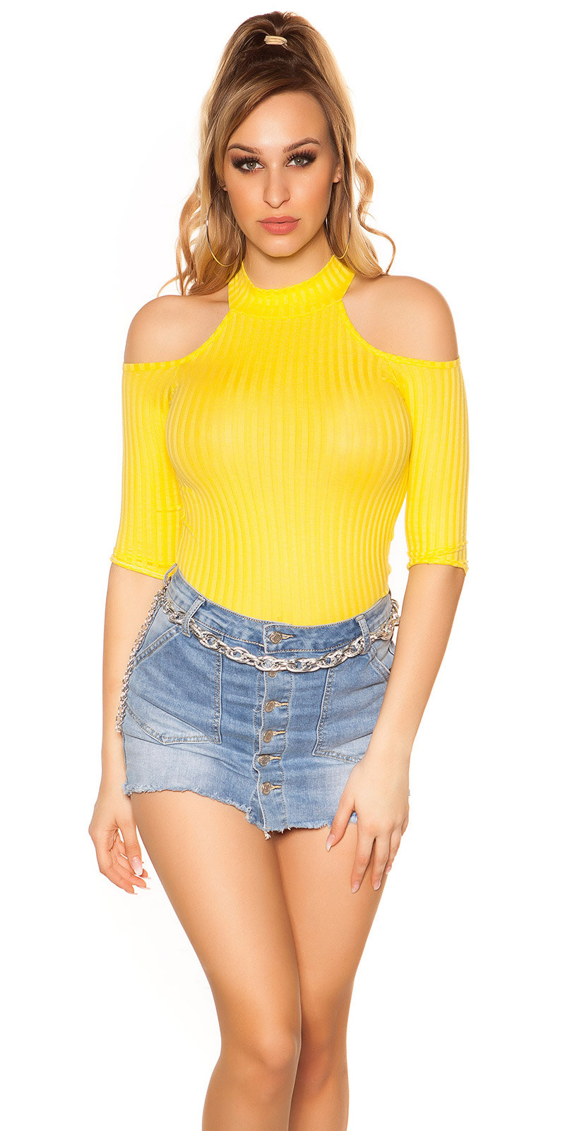 Sexy blote schouder shirt geel