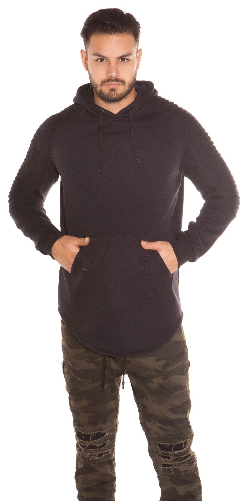 Trendy lange heren sweater-trui met capuchon en zak zwart