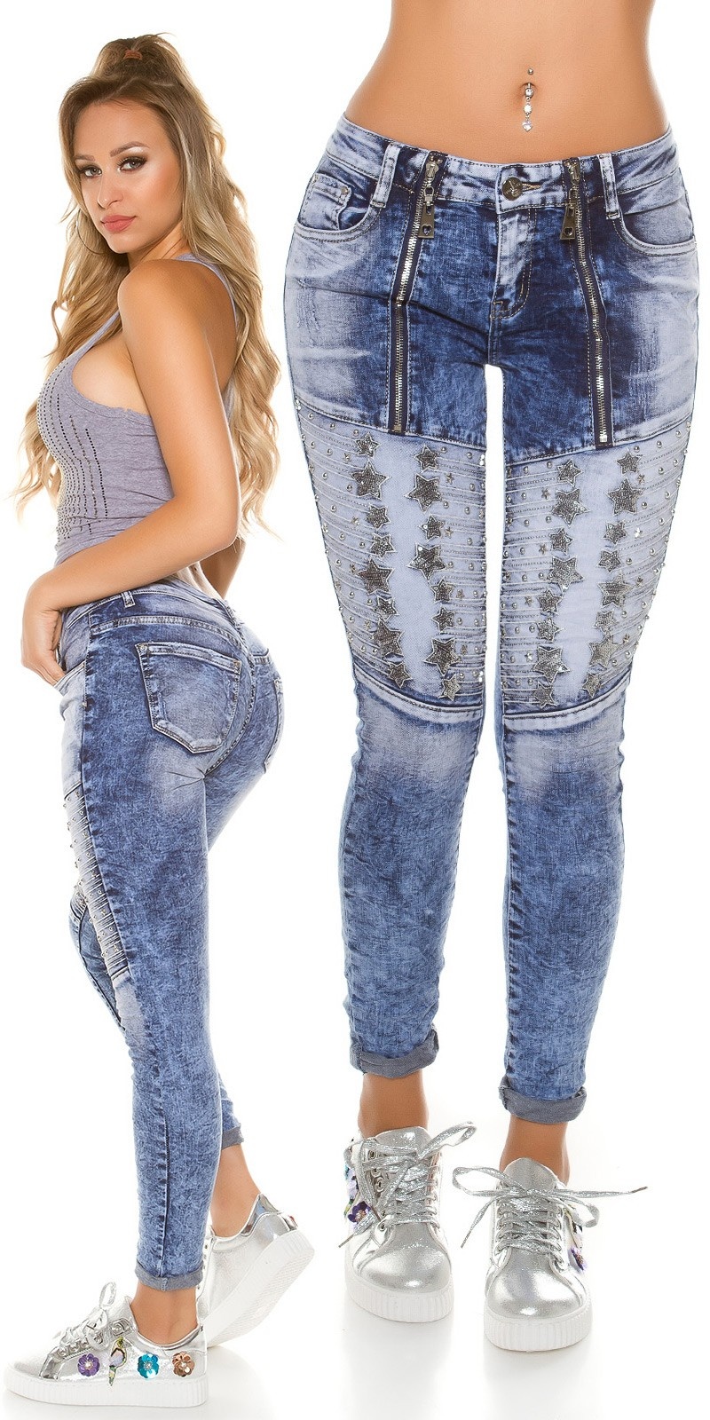 Sexy Acid washed jeans with rivets and zips Jeansblue