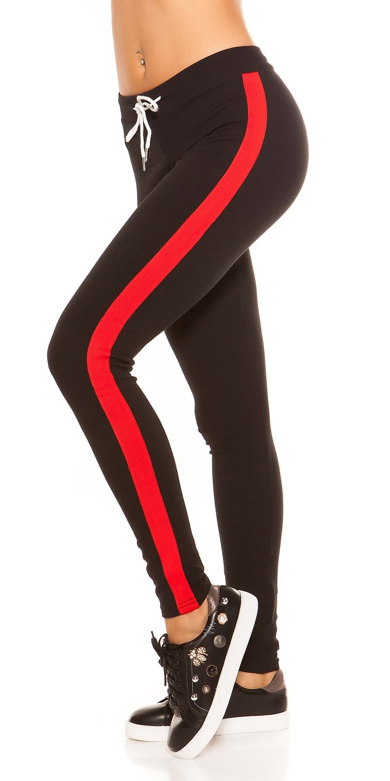 Trendy joggingbroek met contrast strepen, zwart rood