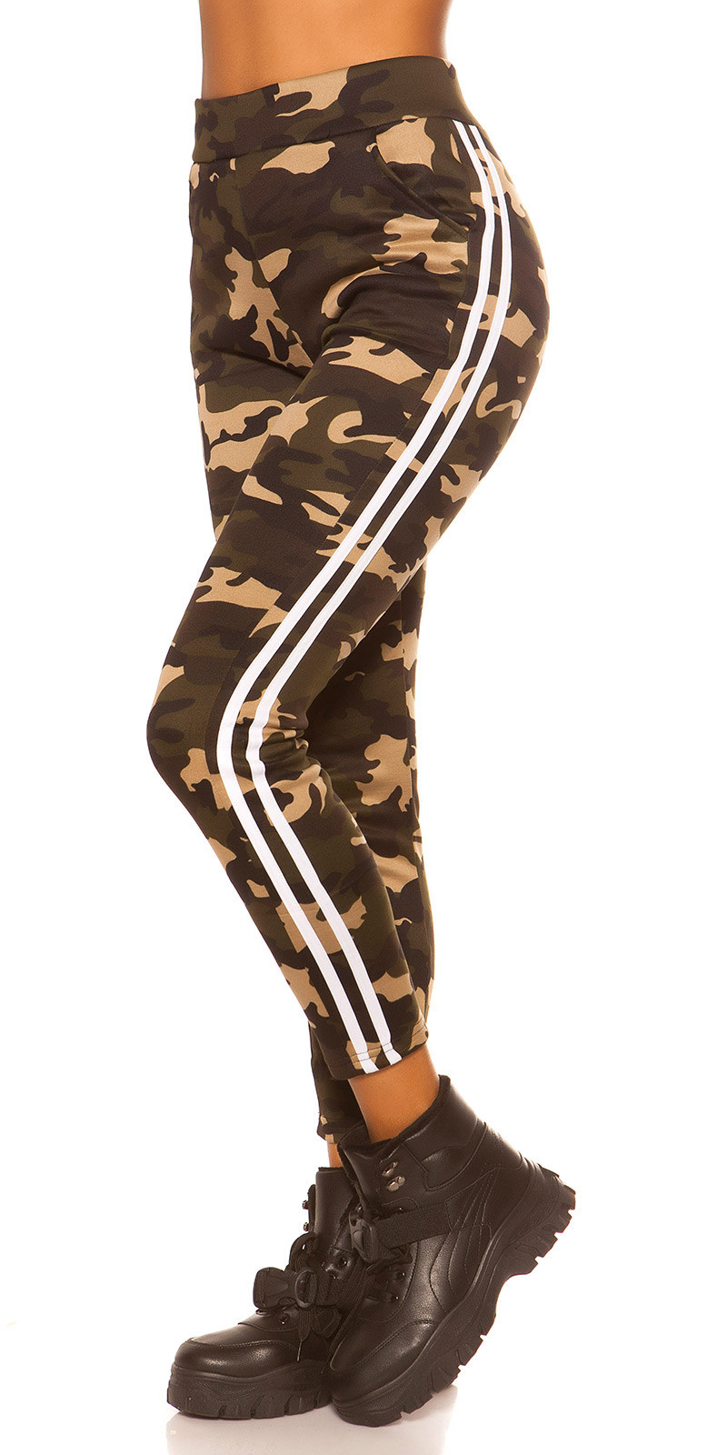 Trendy camouflage leggings met contrast streep wit