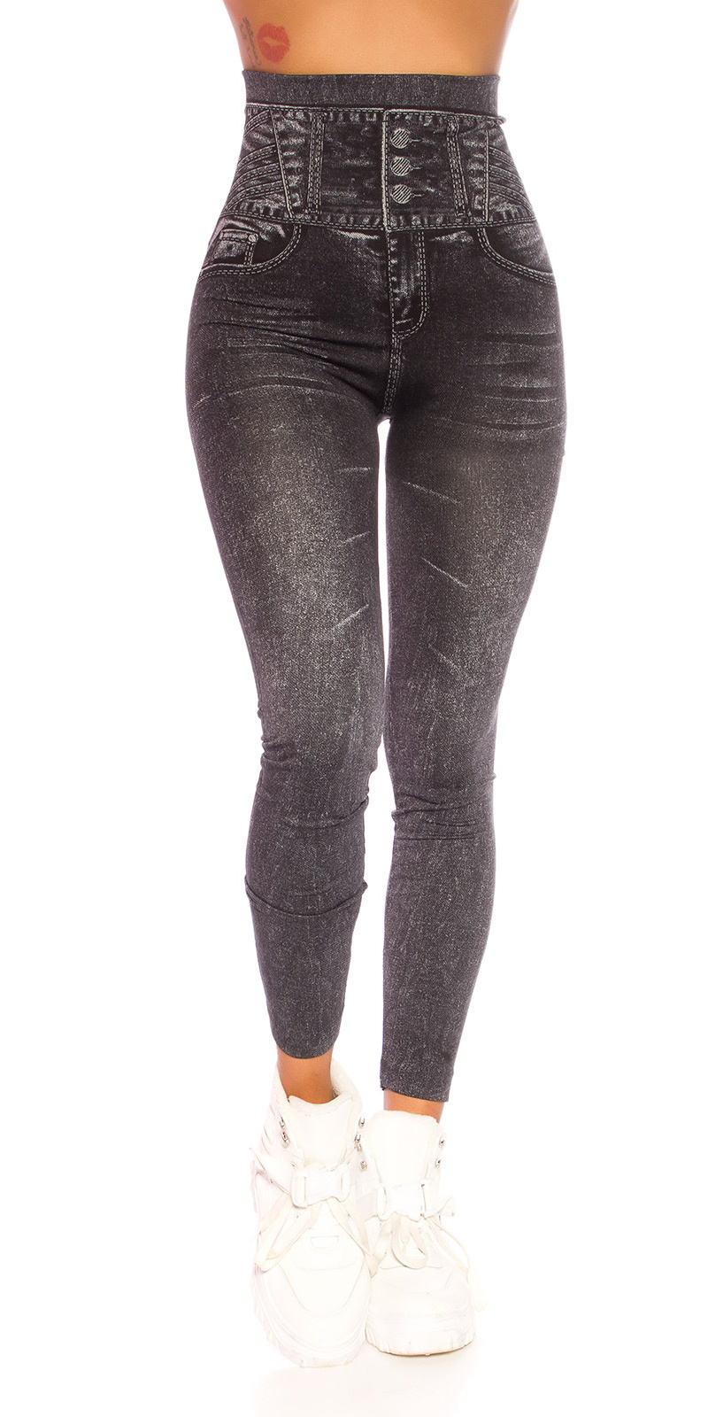 Trendy hoge taille jeanslook leggings zwart