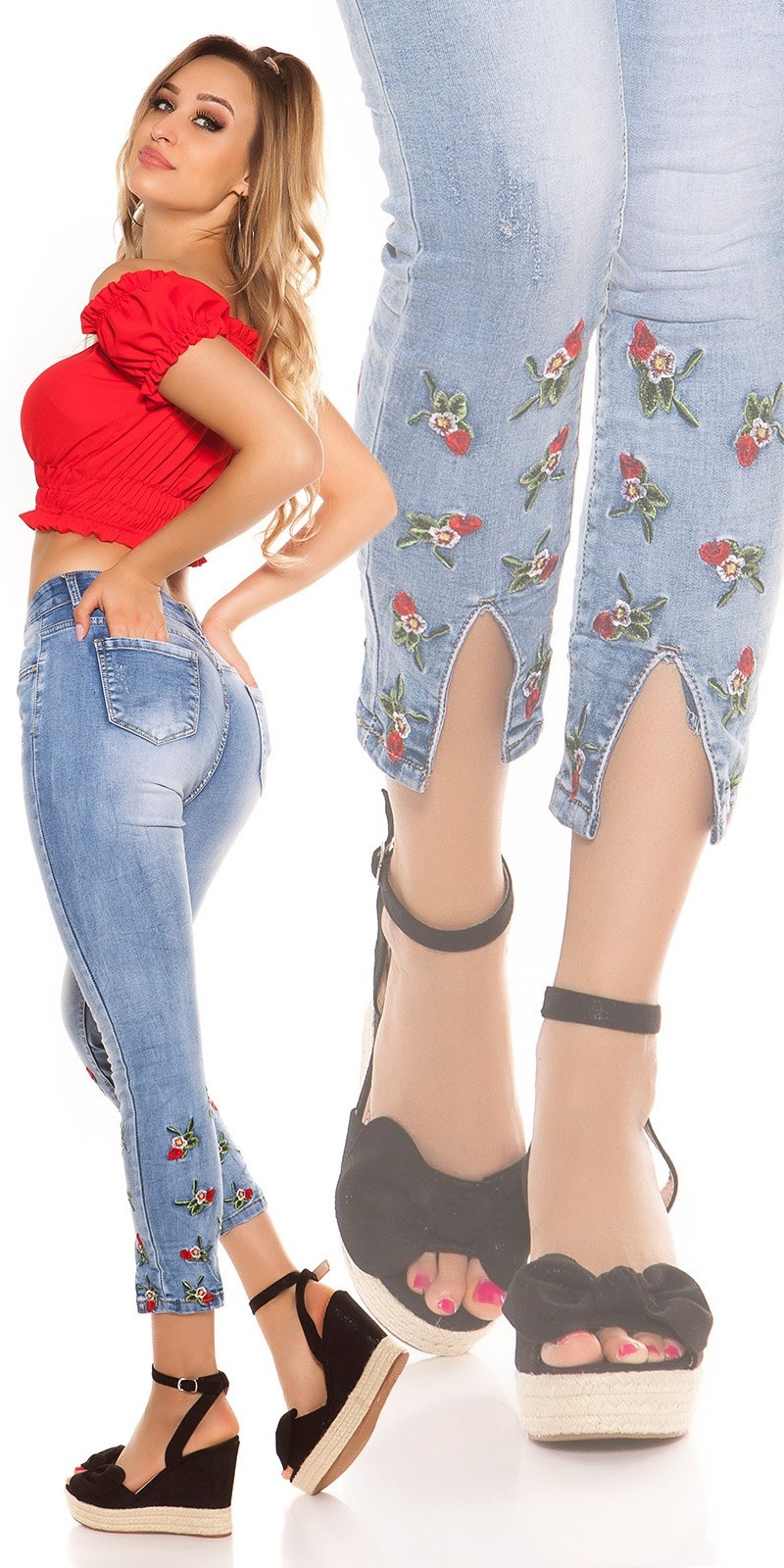 Sexy skinny jeans with embroidery and slit Jeansblue