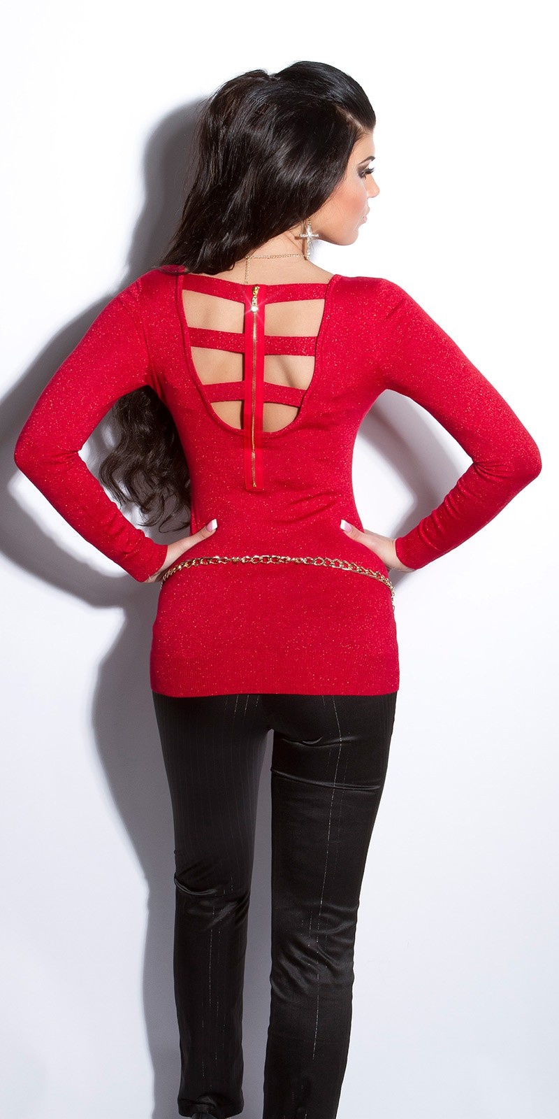 Sexy fijngebreide-lange sweater-trui met ritssluiting rood