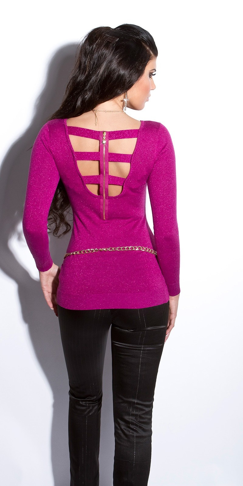 Sexy fijngebreide-lange sweater-trui met ritssluiting paars