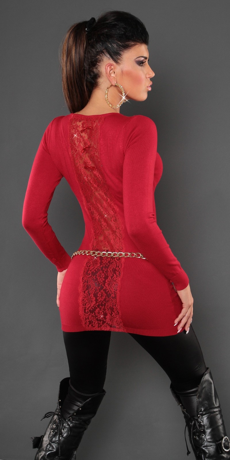 Sexy lange-sweater-trui met studs en strass steentjes rood