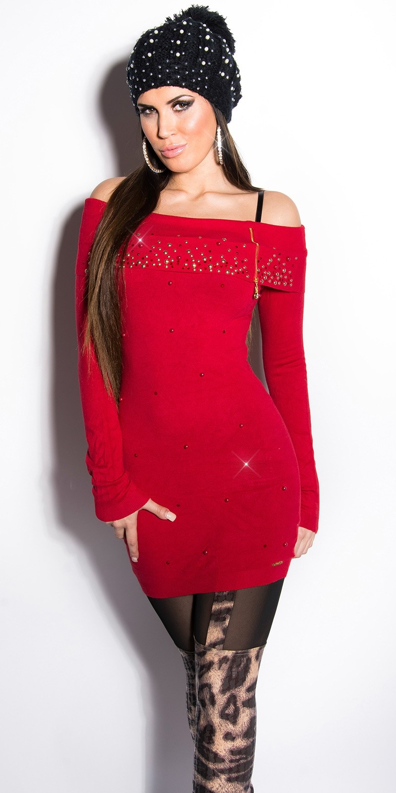 Sexy lange sweater-trui met parels en strass steentjes rood