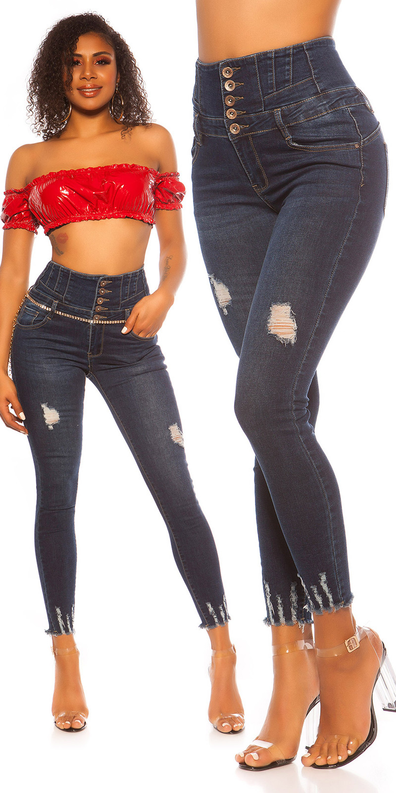Sexy skinny hoge taille push up jeans gebruikte used look jeansblauw