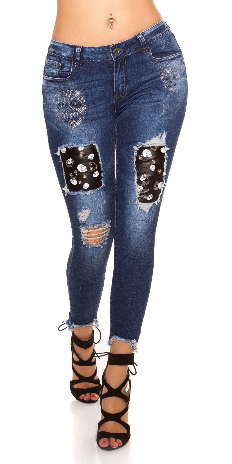 Sexy skinny jeans gebruikte used look met piercings & skelet jeansblauw