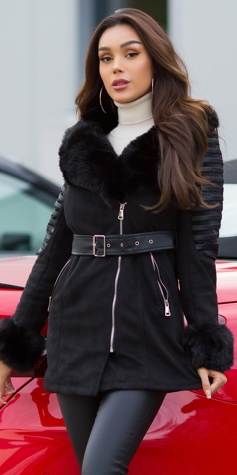 winter mantel met nep bont details zwart