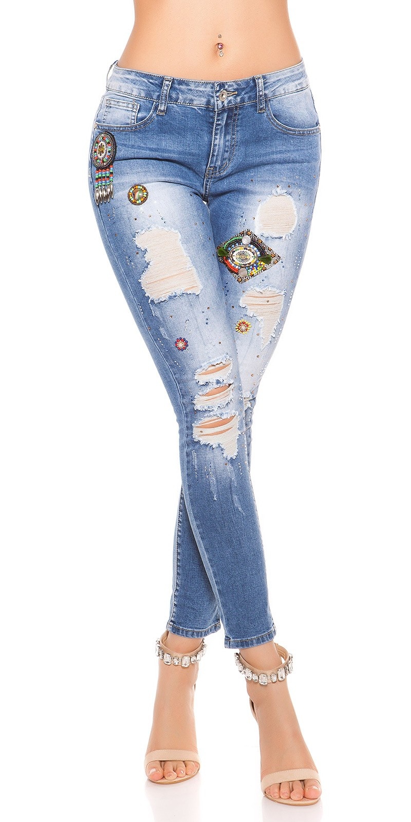 Sexy skinny jeans gebruikte used look met strass steentjes jeansblauw