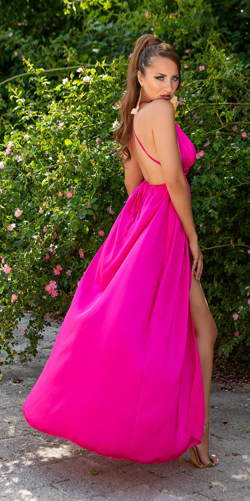 satijn-look maxi jurk met open rug roze
