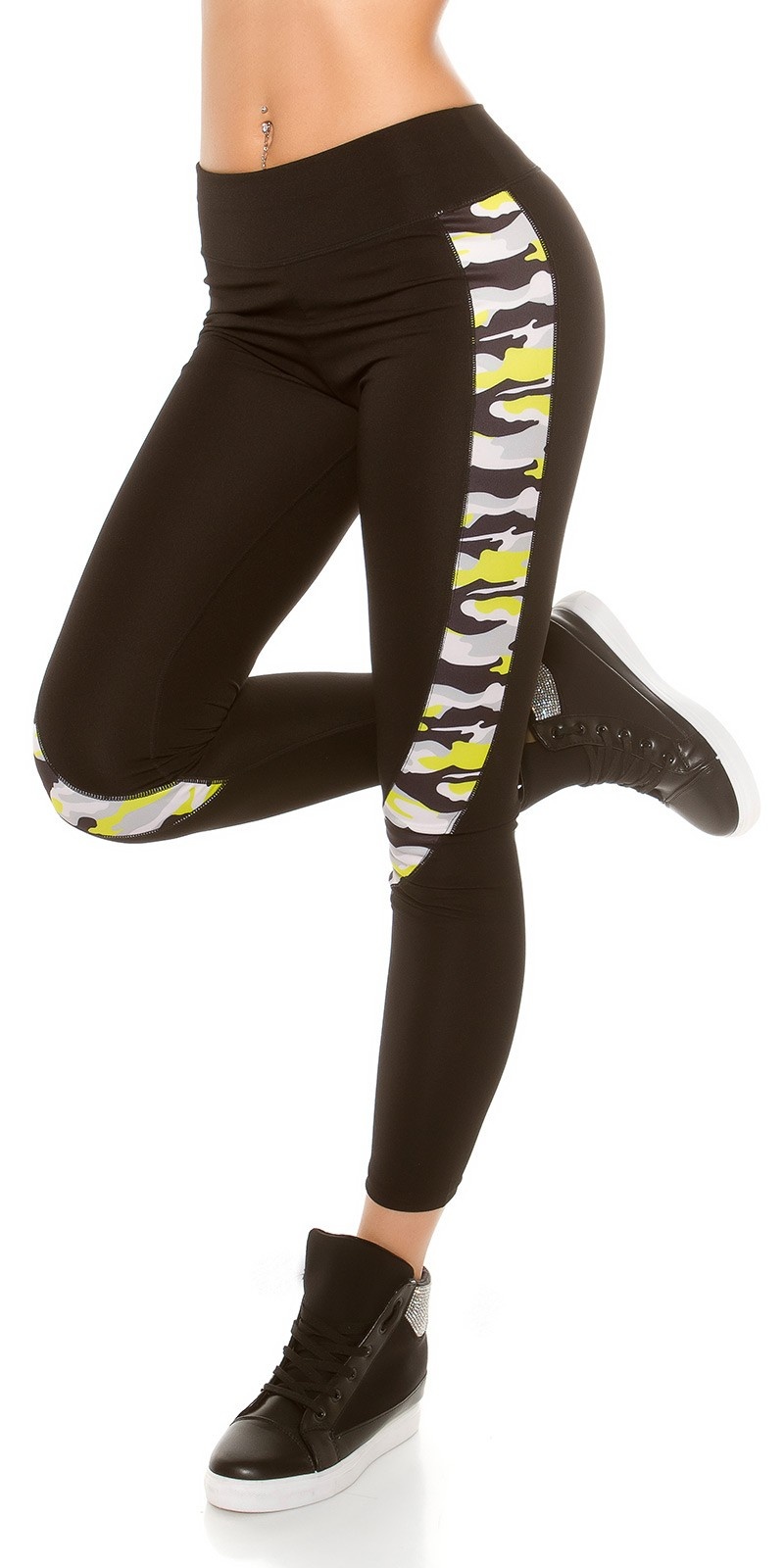 Trendy workout-sport leggings met camouflage geel