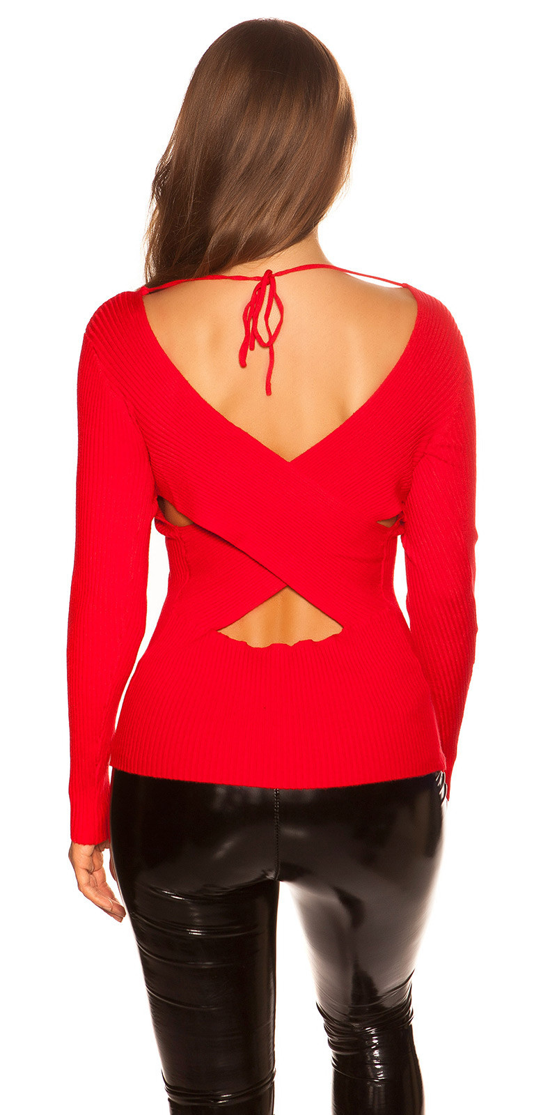 v-hals geribbelde sweater-trui rug rood