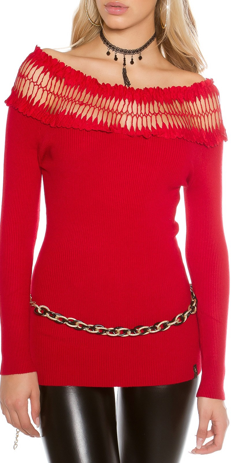 Sexy fijn gebreide trui met carmen hals rood