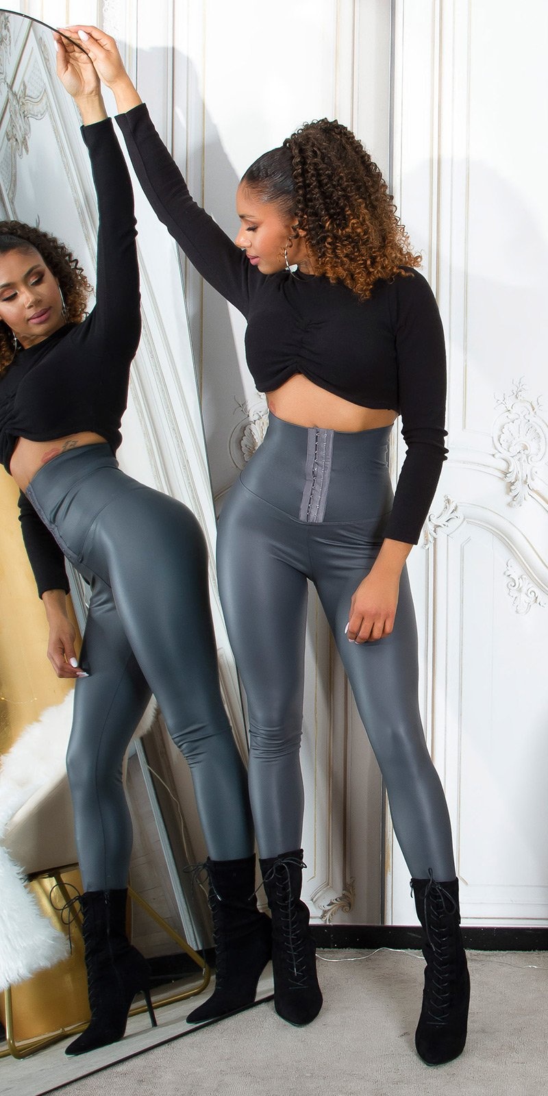 Sexy ultra hoge taille faux leder thermo leggings grijs