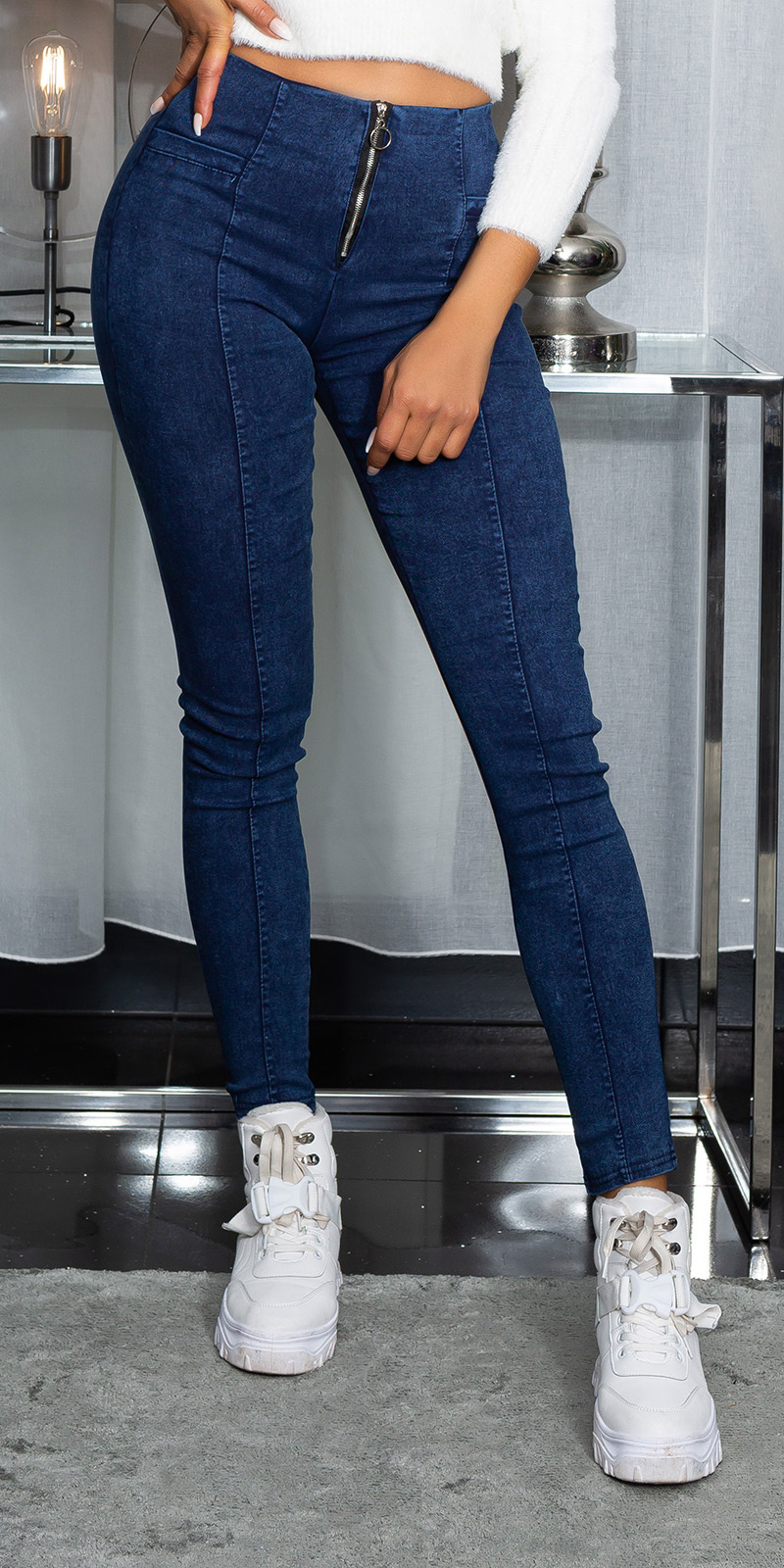 Sexy hoge taille jeggings met ritssluiting blauw