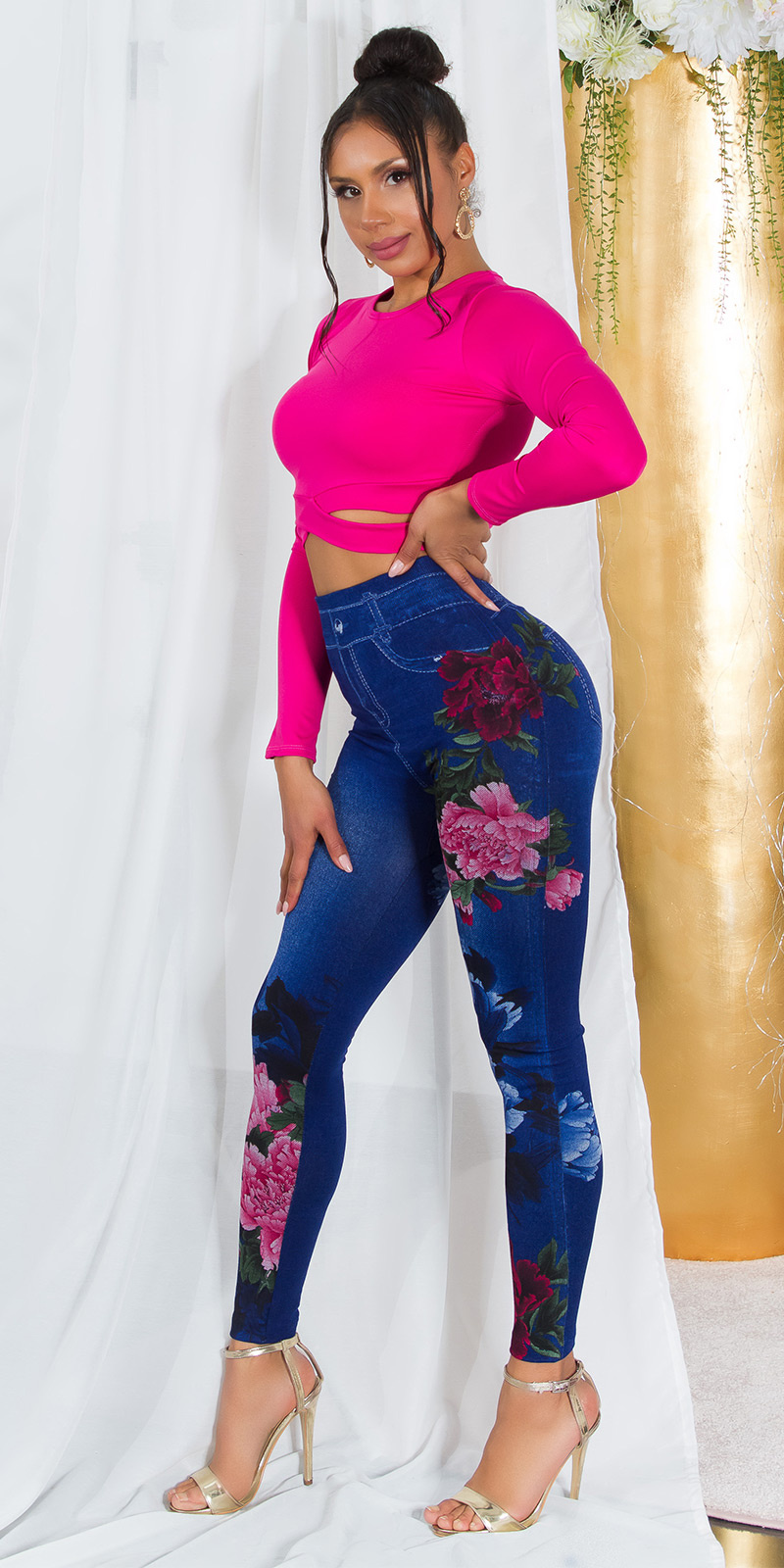 Sexy hoge taille leggings jeans look met bloemen-print blauw