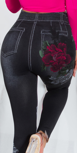 Vreemdeling Altijd waarom hoge taille leggings jeans look met bloemen-print zwart - ai0000LE901-2 van  Cosmoda