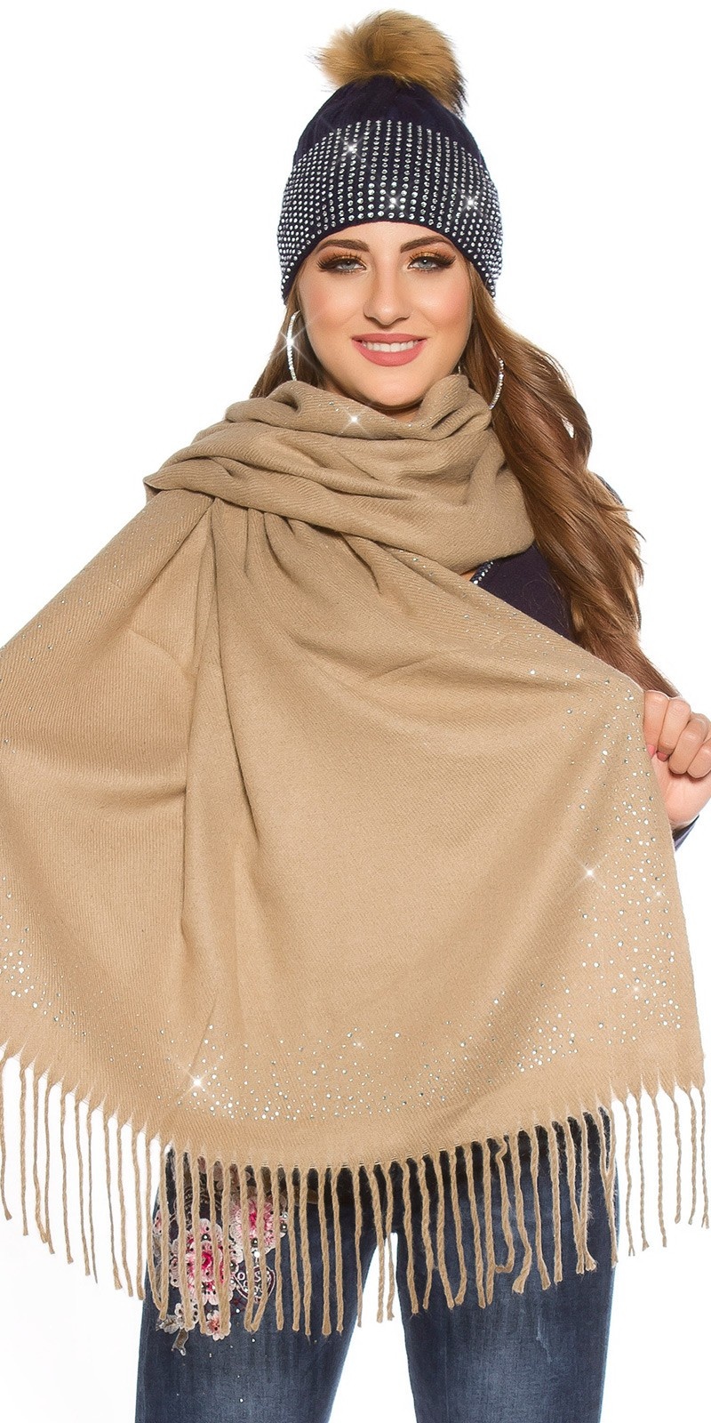Trendy XL scarf with rhinestones Cappuccino