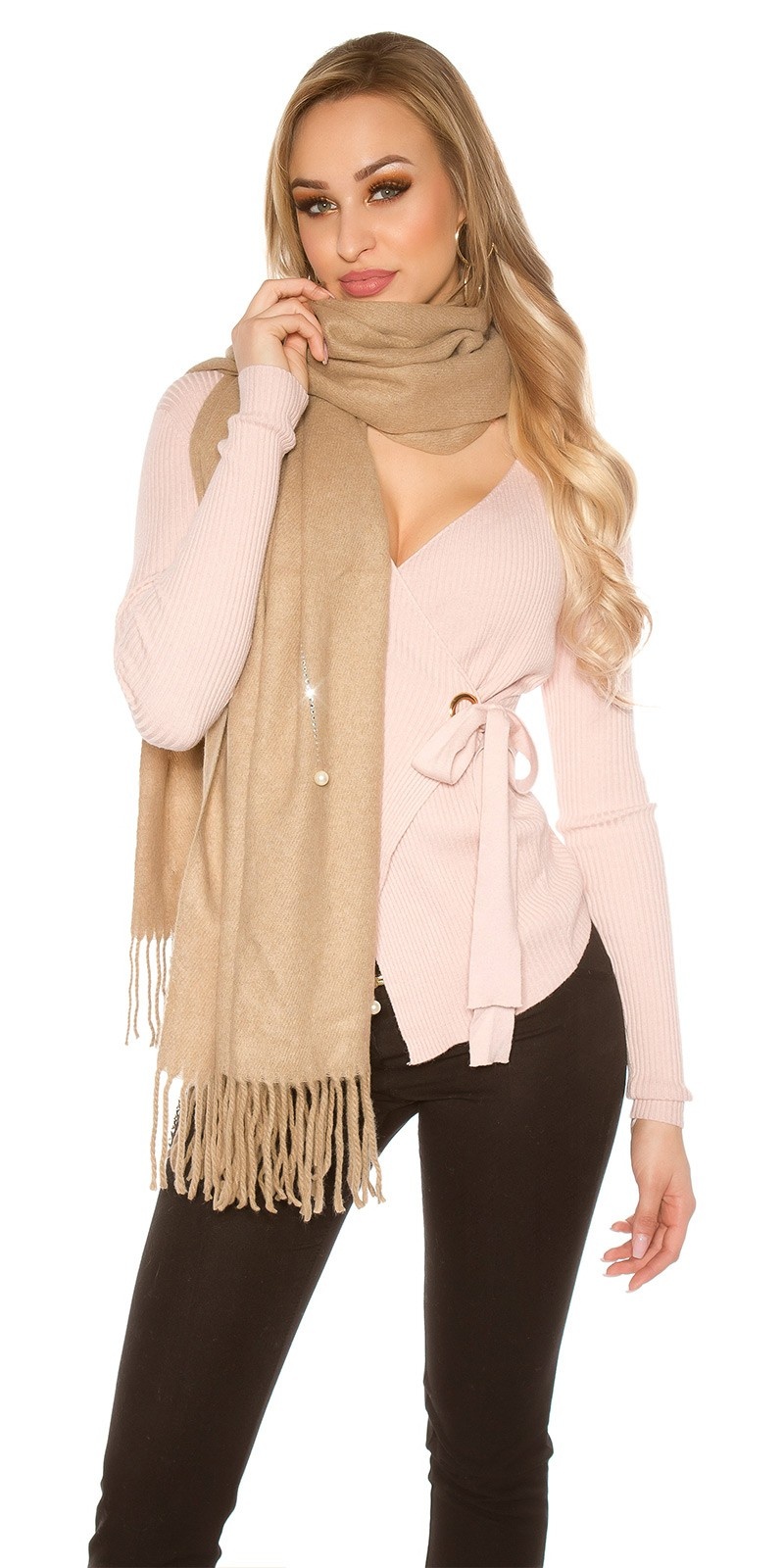 Trendy XL scarf with beads and rhinestone Cappuccino