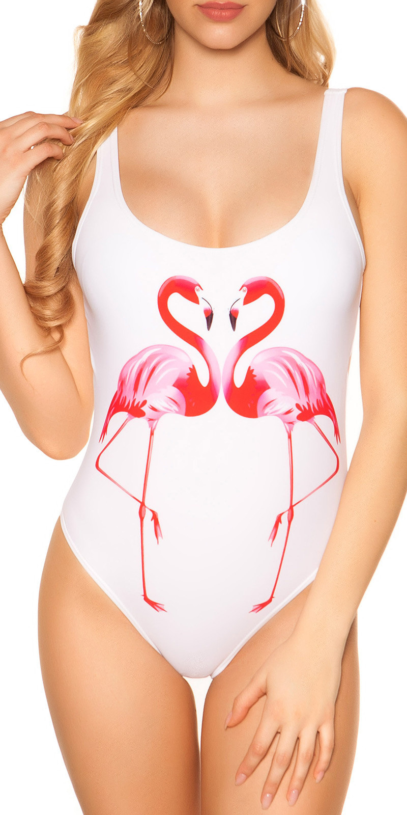 Trendy Swimsuit with Flamingo Print White