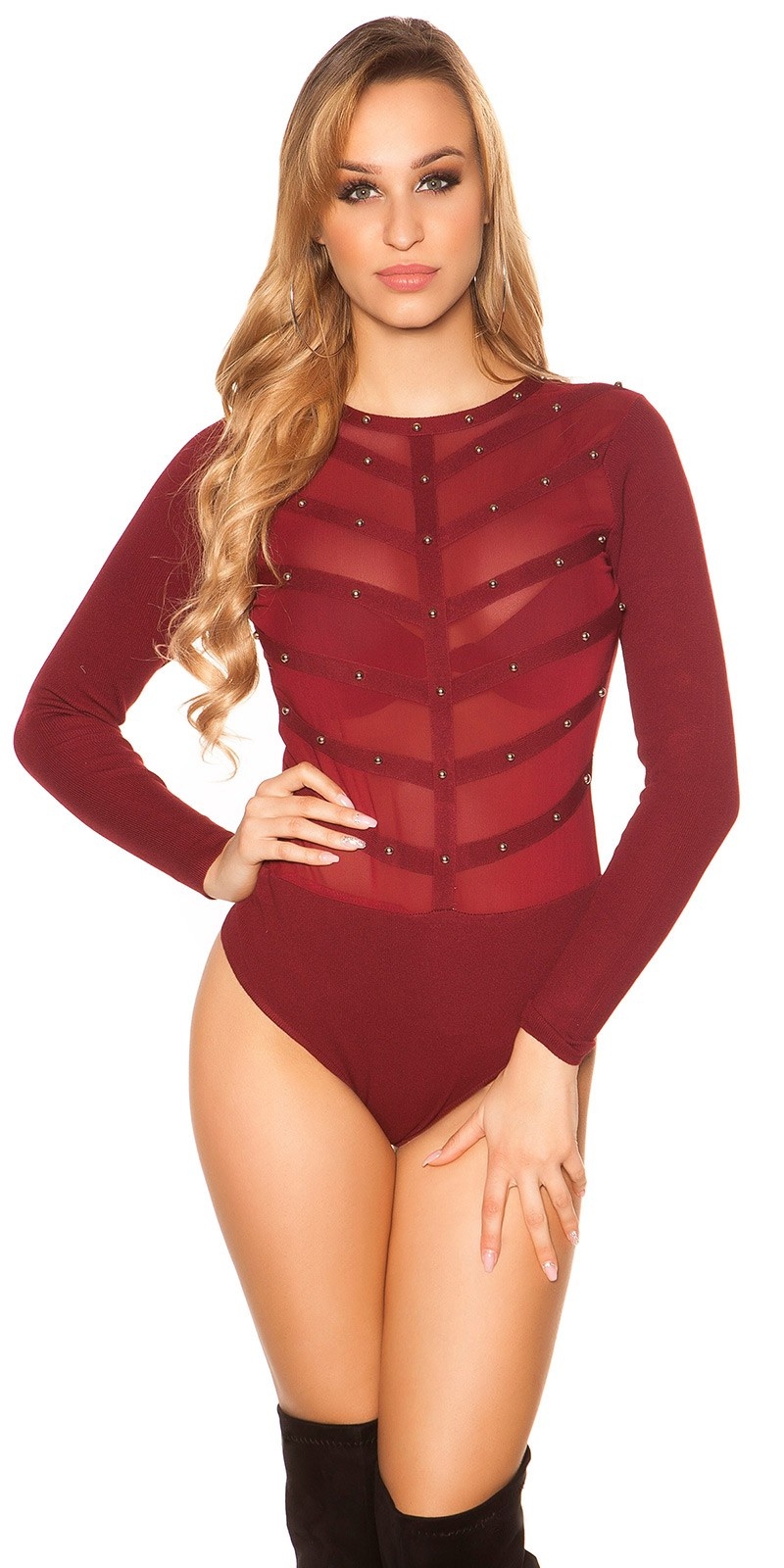 Sexy fine knit body with mesh and studs Bordeaux