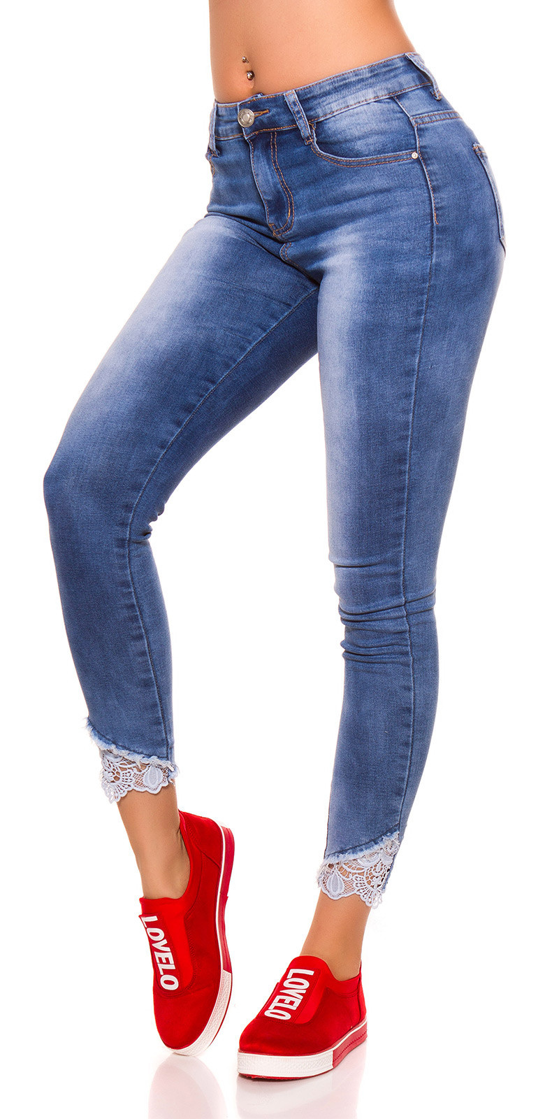 Sexy skinny jeans met kant aan de zoom jeansblauw