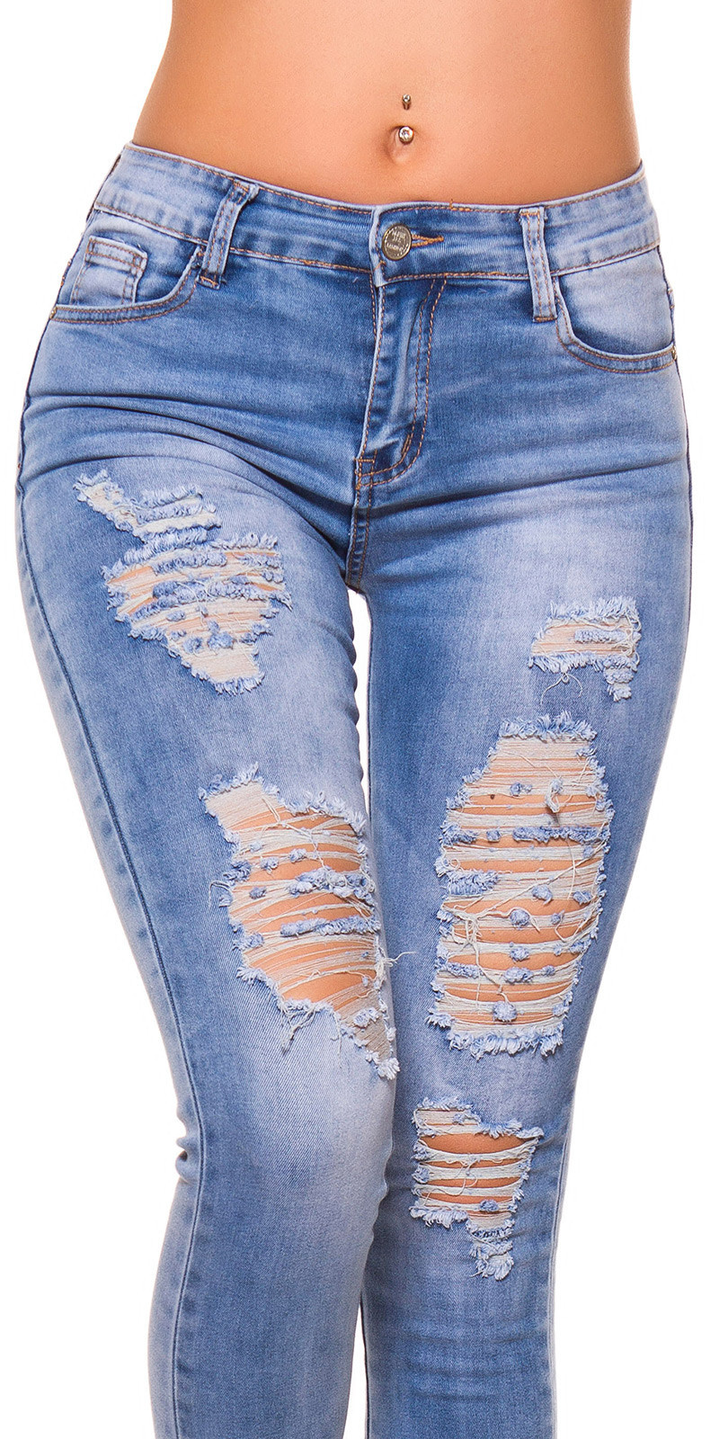 Sexy hoge taille skinny jeans gebruikte used look met scheuren jeansblauw