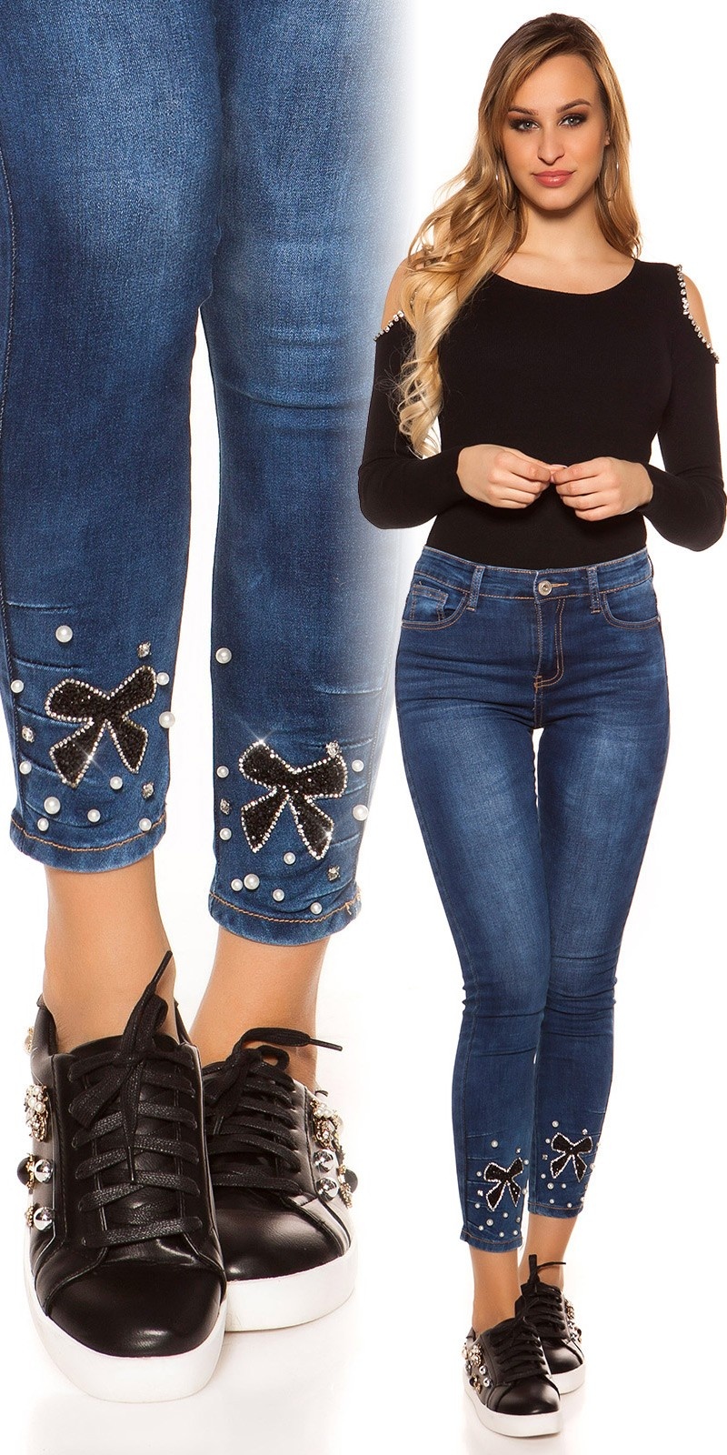 Sexy high waist jeans with glittery bow Jeansblue