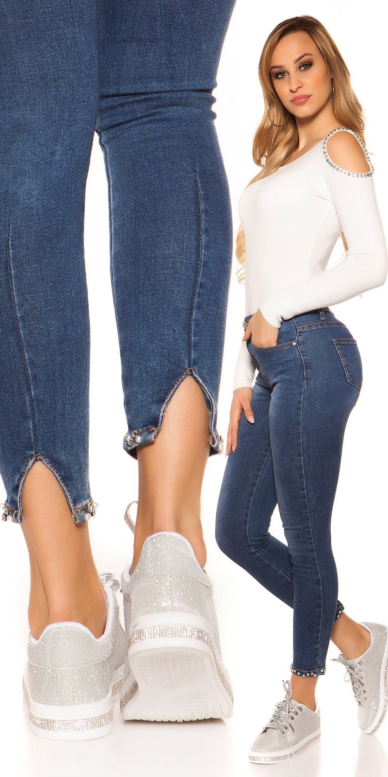 Sexy skinny hoge taille jeans parels & strass steentjes jeansblauw