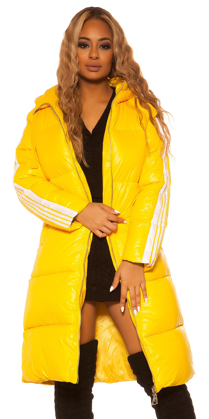 Trendy Long Winter jacket with hood Yellow