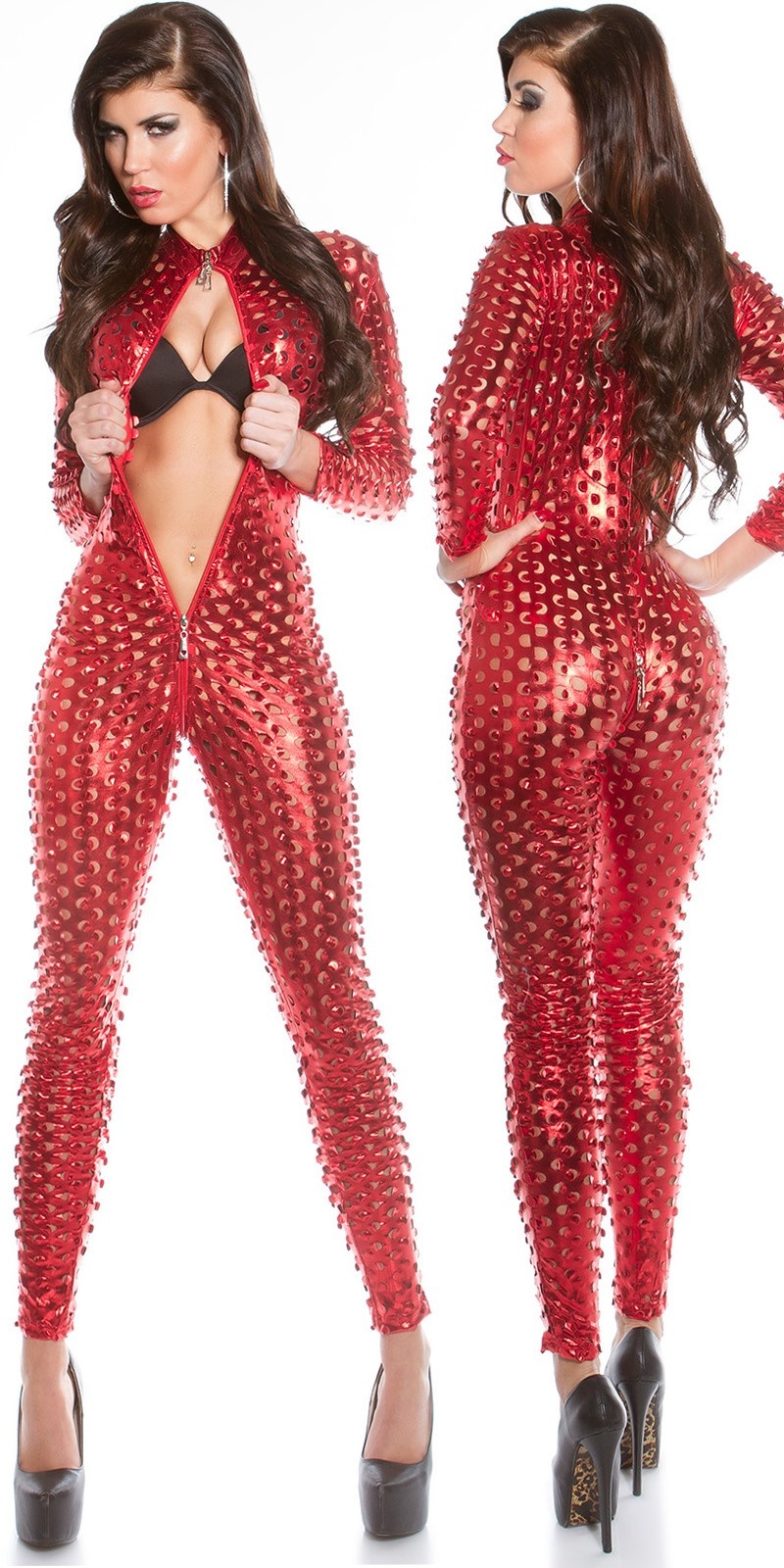Sexy wetlook katsuit met 2weg ritssluiting rood