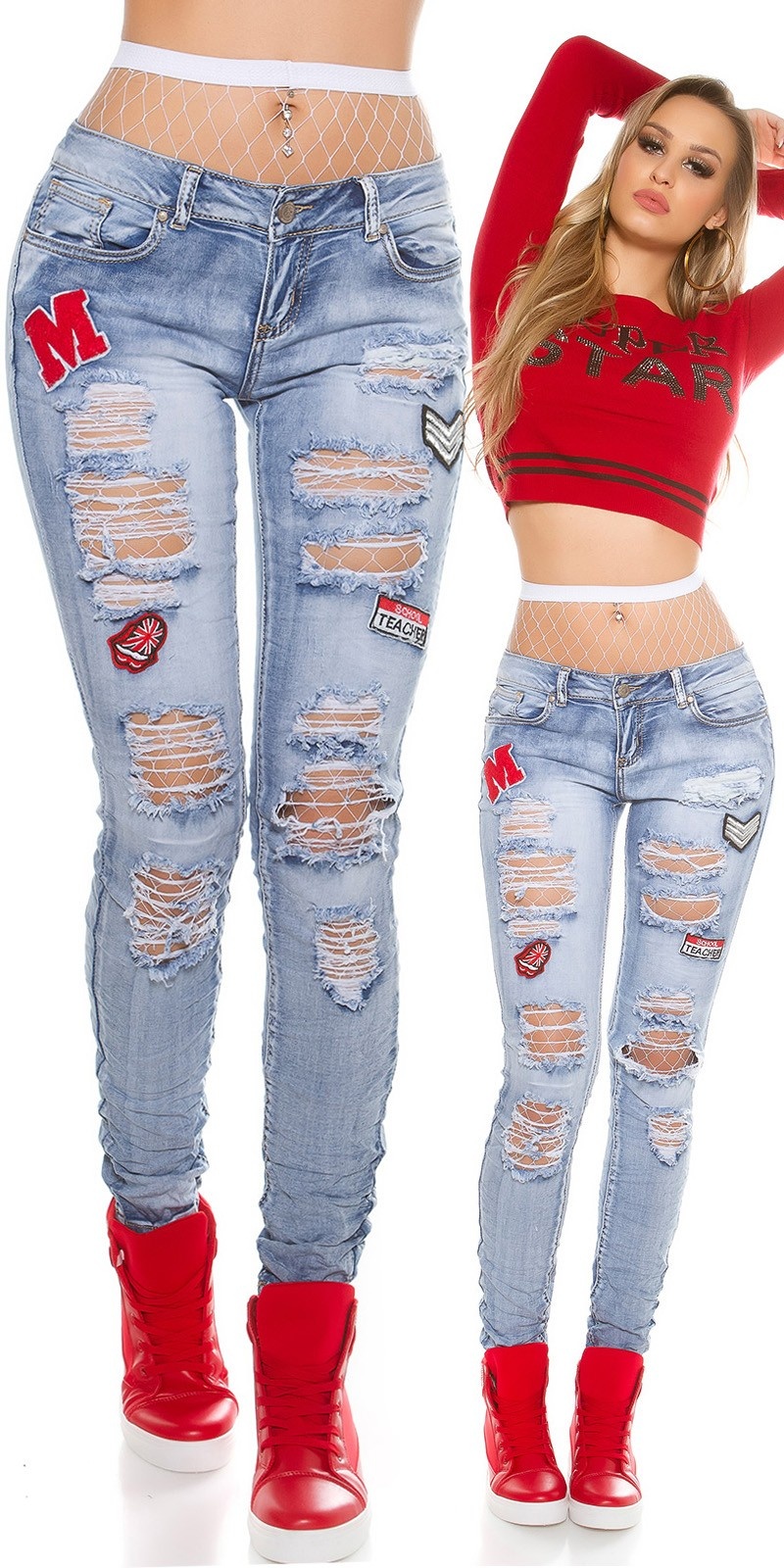 Sexy skinny jeans destroyed look met patches jeansblauw