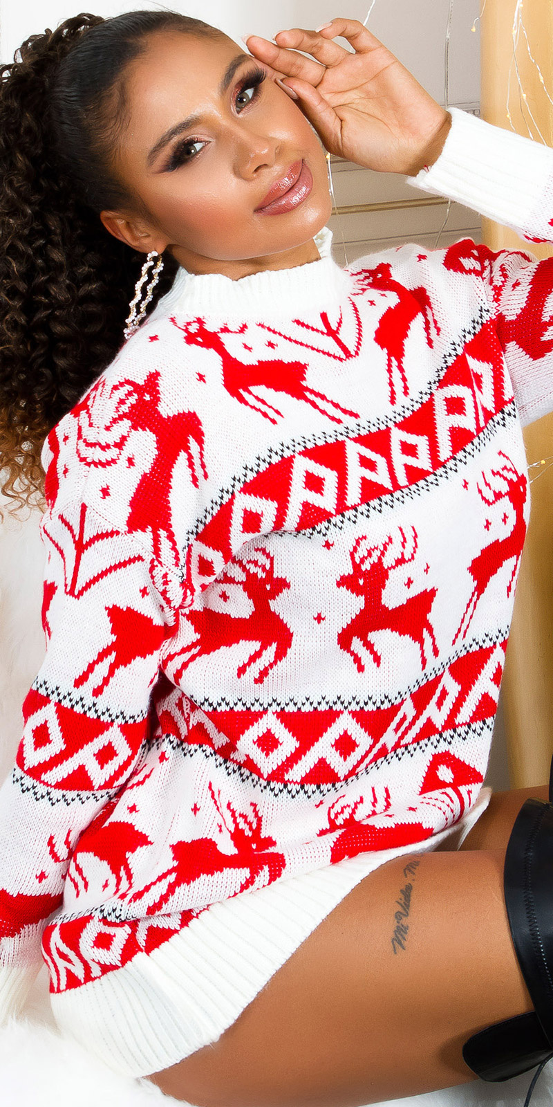 Christmas time gebreide jurk / lange sweater-trui wit