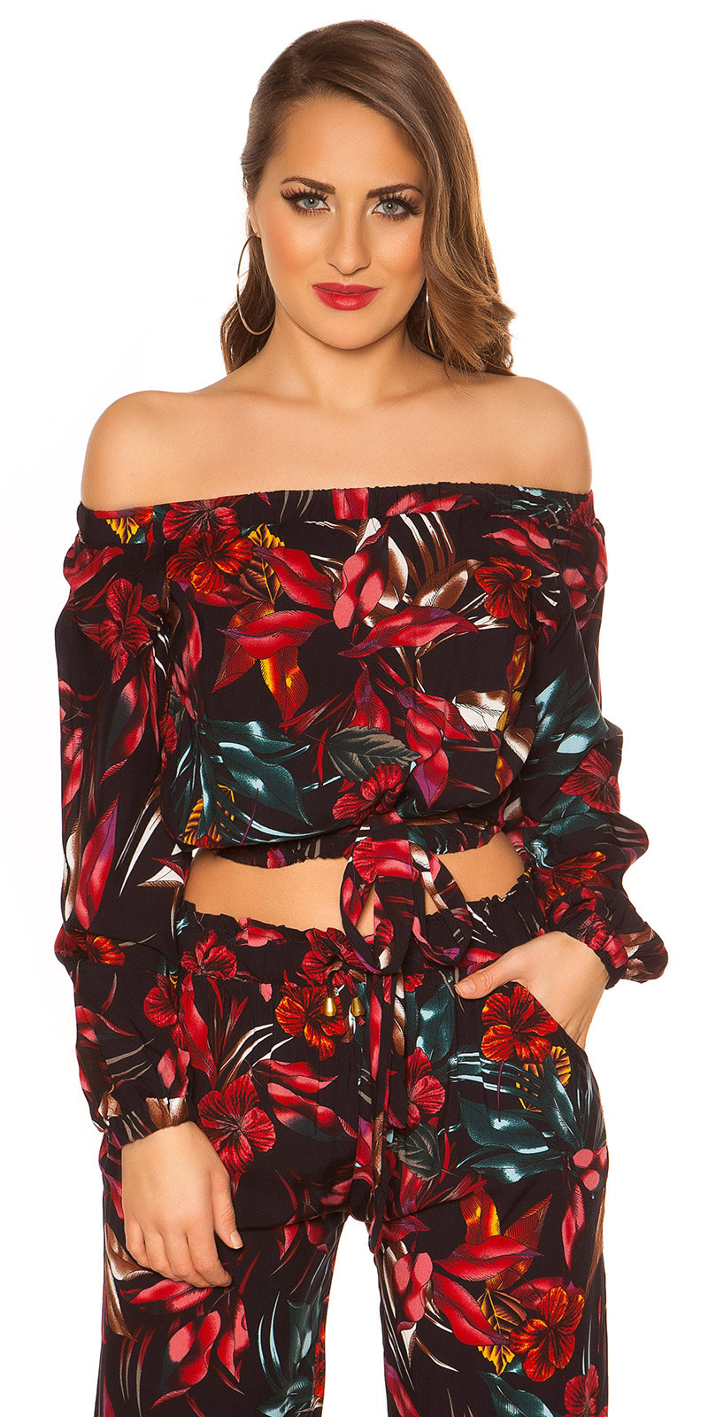 Sexy off shoulder shirt floral print with loop Black