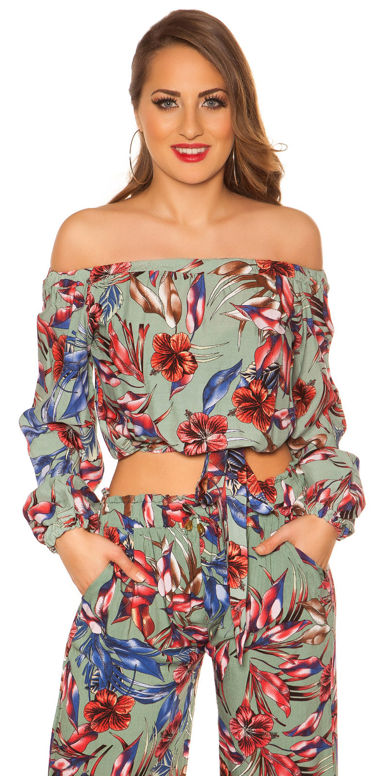Sexy off shoulder shirt bloemen-print met lus khaki