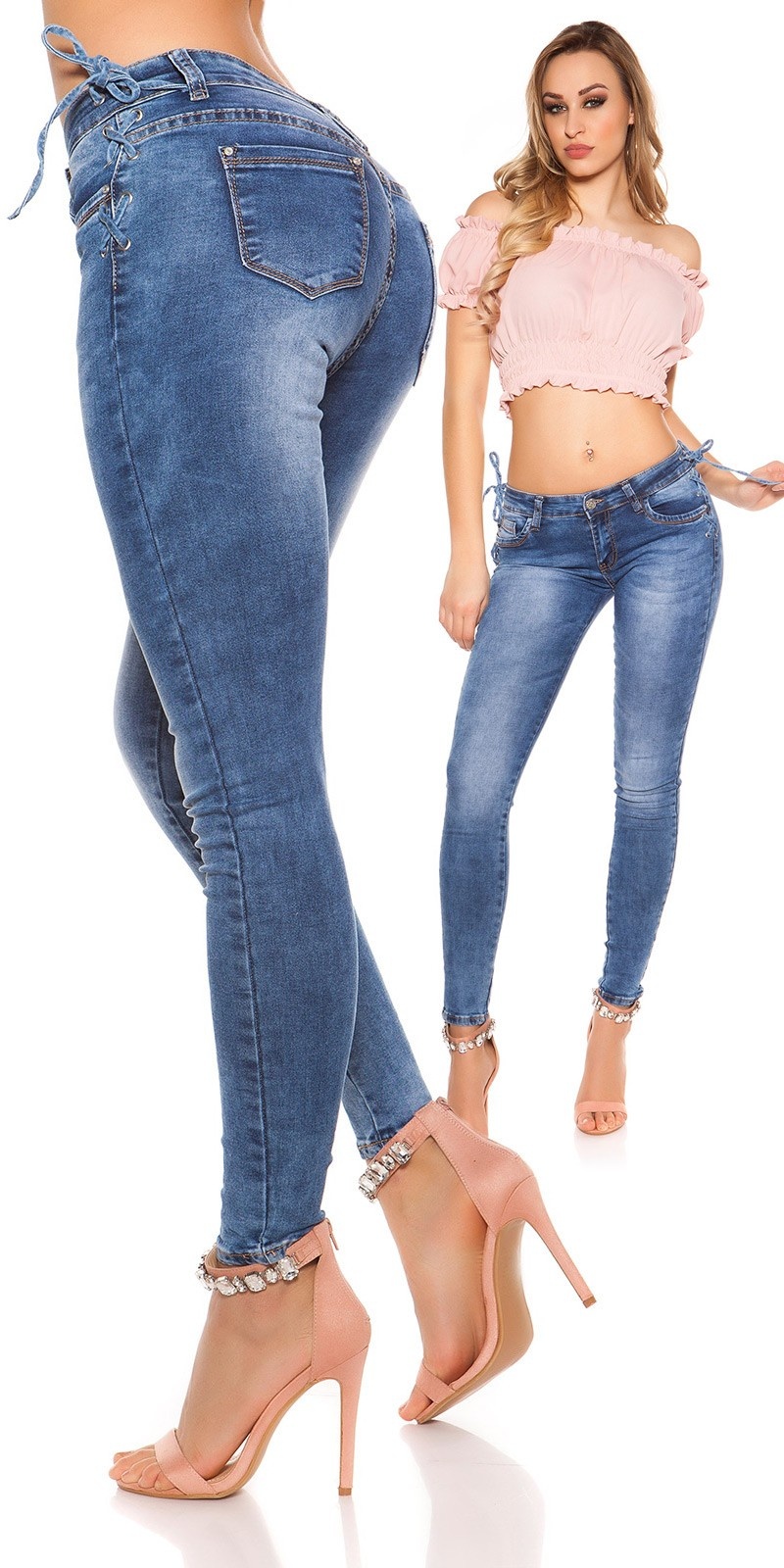 Sexy skinny jeans met veter jeansblauw