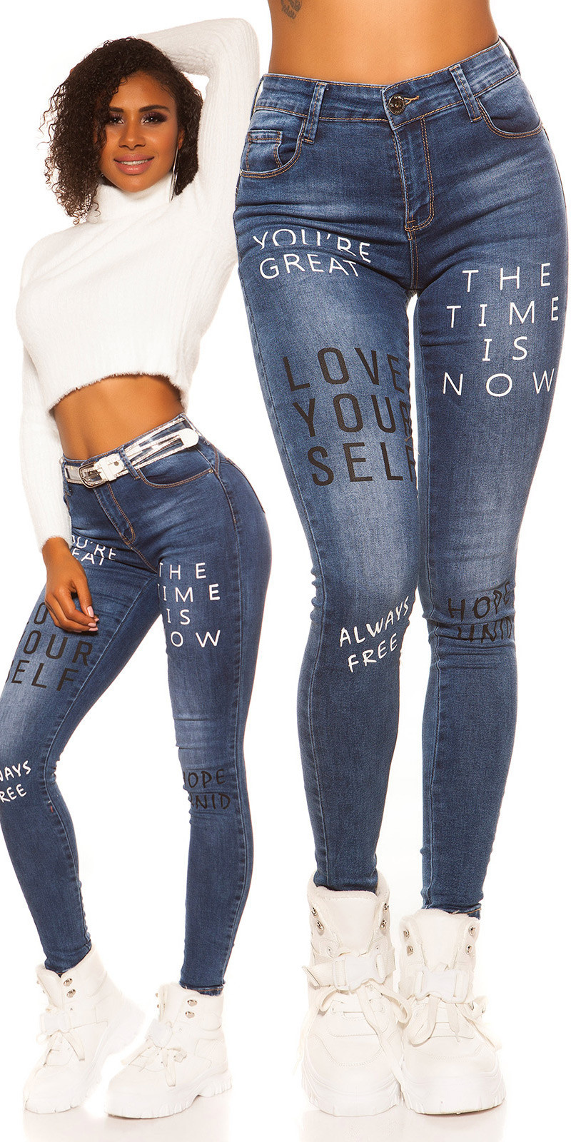 Sexy High Waist Skinny Jeans Used Look w. Print Jeansblue